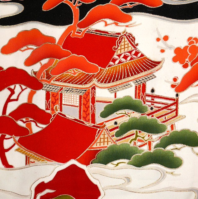 роспись  на шелковом антикварном японском кимоно