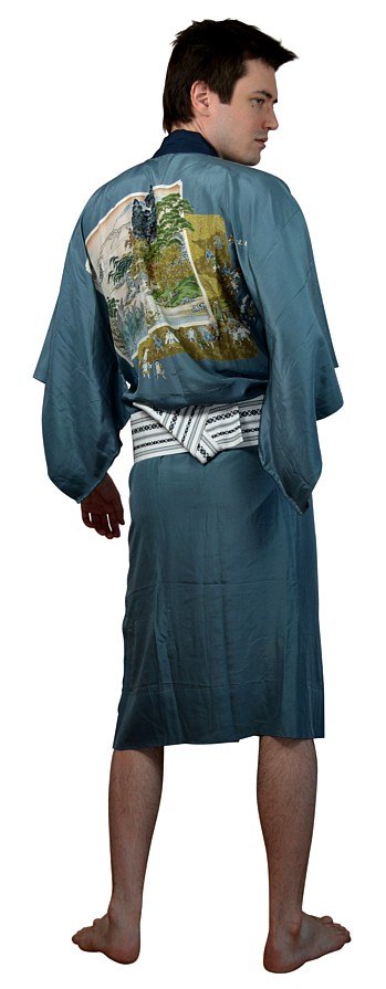 мужской шелковый японский халат- кимоно с авторской росписью